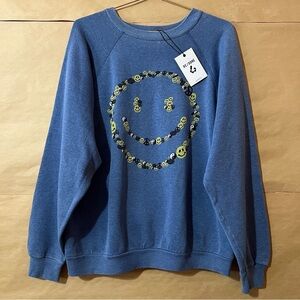 Re/Done NWT Upcycled Sweatshirt Smile Graphic Blue Crewneck Pullover Size XS/S